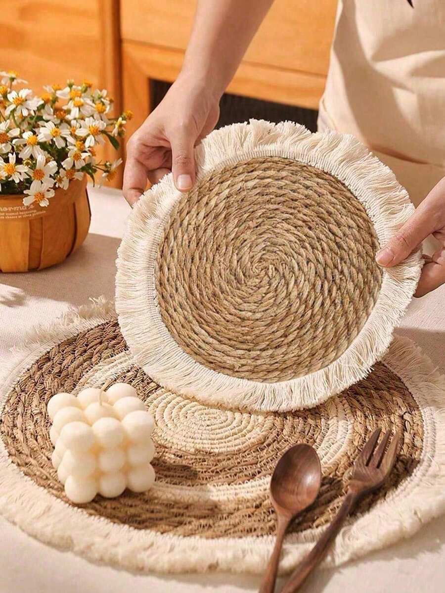 1/4PCS Boho Handwoven Cattail Grass Round Tassel Table Placemats Heat Insulation Pads Tabletop Decor Coffee Coasters Non Slip Washable For Kitchen Dining Home Living Room Boho Kitchen Decor - Ginger - View 1