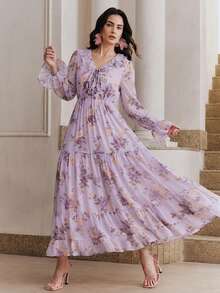 Anewsta Nuevo vestido largo con estampado floral, cuello en V profundo, volantes en el bajo, de fluido y romántico, para mujer, llegada de primavera/verano - Morado - Ver 5