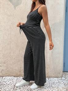 SHEIN 孕妇无袖条纹休闲舒适透气背心和裤子两件套，夏季 - 黑色 - 查看 6