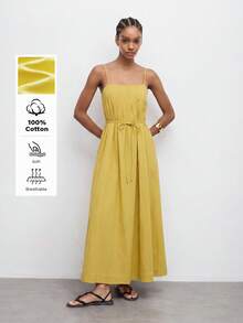 SHEIN Maija MAIJA Vacation Cotton Square Neck Spaghetti Strap Pleated Maxi Dress,Summer Dresses For Women Yellow Dress Yellow Sun Dresses For Women Yellow Dress Women Strappy Maxi Dress Yellow Maxi Dress - Yellow - View 1
