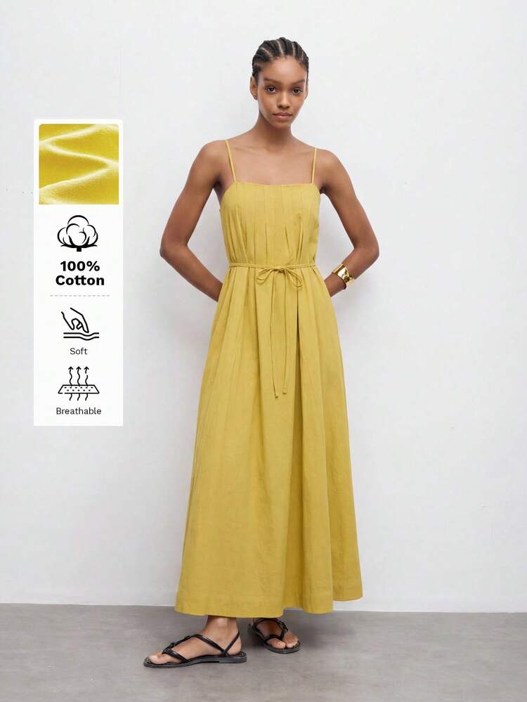 SHEIN Maija MAIJA Vacation Cotton Square Neck Spaghetti Strap Pleated Maxi Dress,Summer Dresses For Women