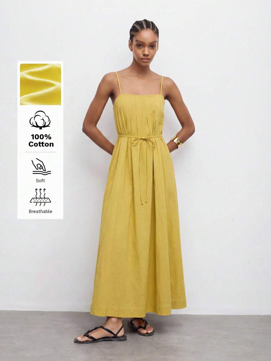 SHEIN Maija MAIJA Vacation Cotton Square Neck Spaghetti Strap Pleated Maxi Dress,Summer Dresses For Women Yellow Dress Yellow Sun Dresses For Women Yellow Dress Women Strappy Maxi Dress Yellow Maxi Dress - Yellow - View 1