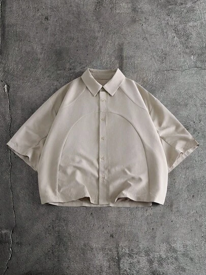 AXEPEAK Men's Street Fashion Solid Color Button-Down Short Sleeve Shirt