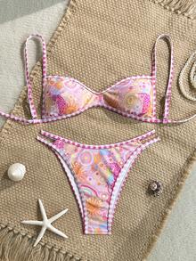 Swim Mod 2026SS Pink Paisley Print Patchwork Pink White Plaid Y2K Sexy Boho Style Sweet Cute Girl's Beach Golf Holiday Holiday Swimwear Set Summer - Multicolor - View 2