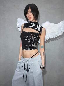 ROMWE Avant 女士复古性感先锋坏女孩半透明数字标志和英文印花镂空铆钉露脐上衣 - 黑色 - 查看 5