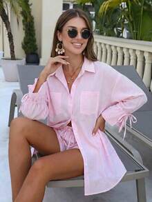 Swim Vcay 春夏休闲粉白条纹沙滩套装，长袖衬衫配短裤和罩衫 - 淺粉色 - 查看 5