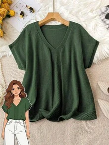 SHEIN Clasi Plus Size V-Neck Solid Color Batwing Sleeve Casual Knit Top, Autumn - Dark Green - View 1