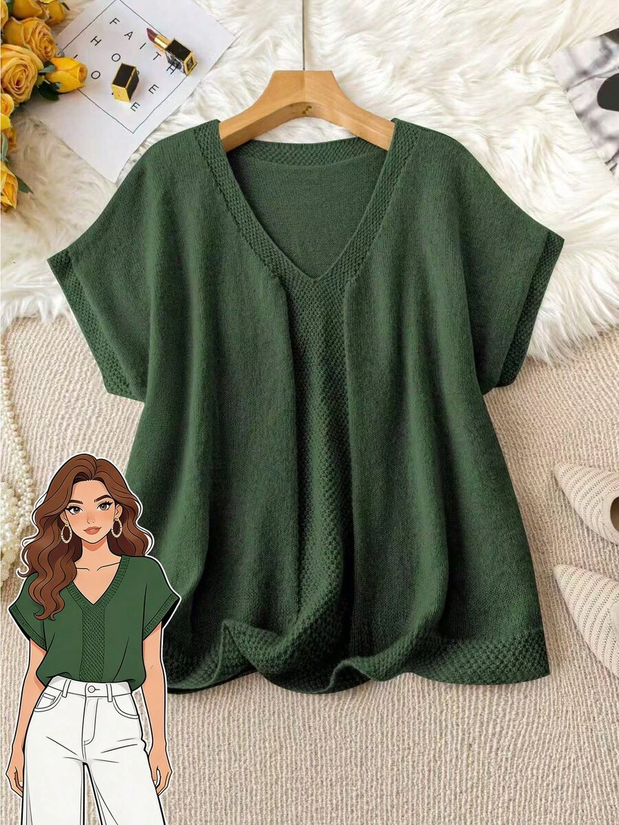 SHEIN Clasi Plus Size V-Neck Solid Color Batwing Sleeve Casual Knit Top, Autumn - Dark Green - View 1