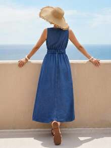 EMERY ROSE Women's Fashion Metal Shell Decor Pocket Versatile Denim Dress For Vacation - Blue - View 3