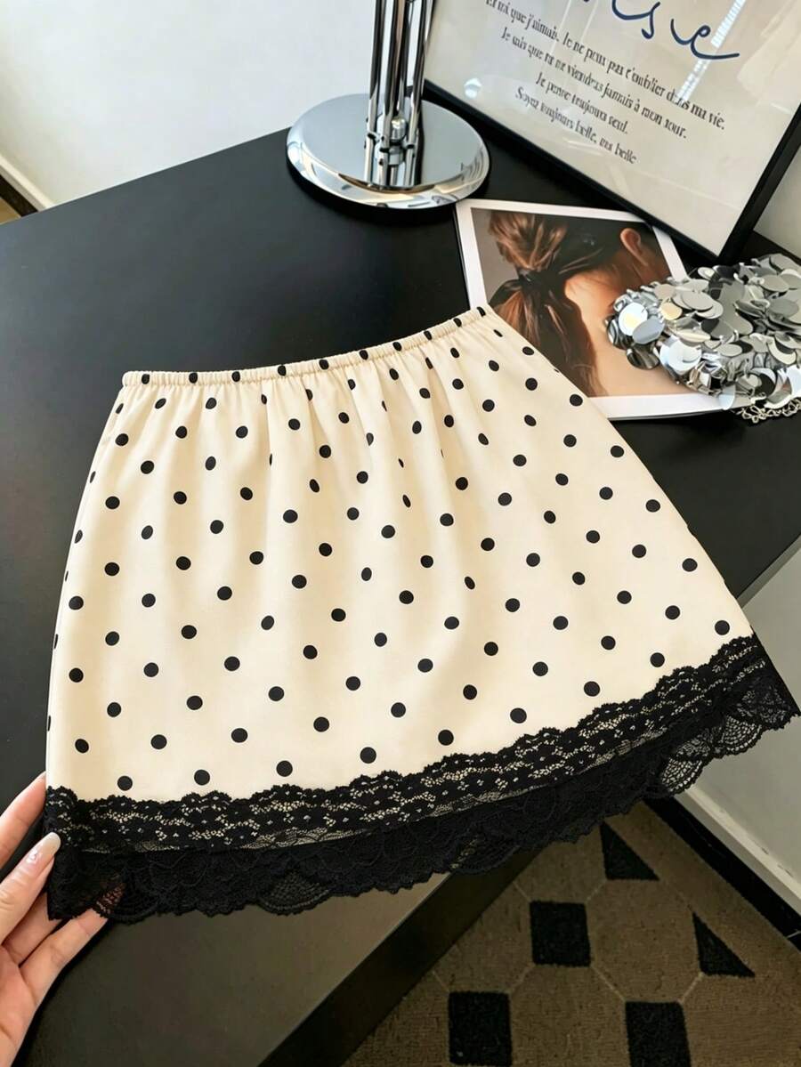 Pariaura Chân váy chữ A thanh lịch phối ren chấm bi tương phản dành cho nữ - Màu be - Xem 1