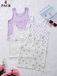 4pcs Tween Girls' Casual Bow Decor Letter Print Tank Tops - Multicolor - View 1