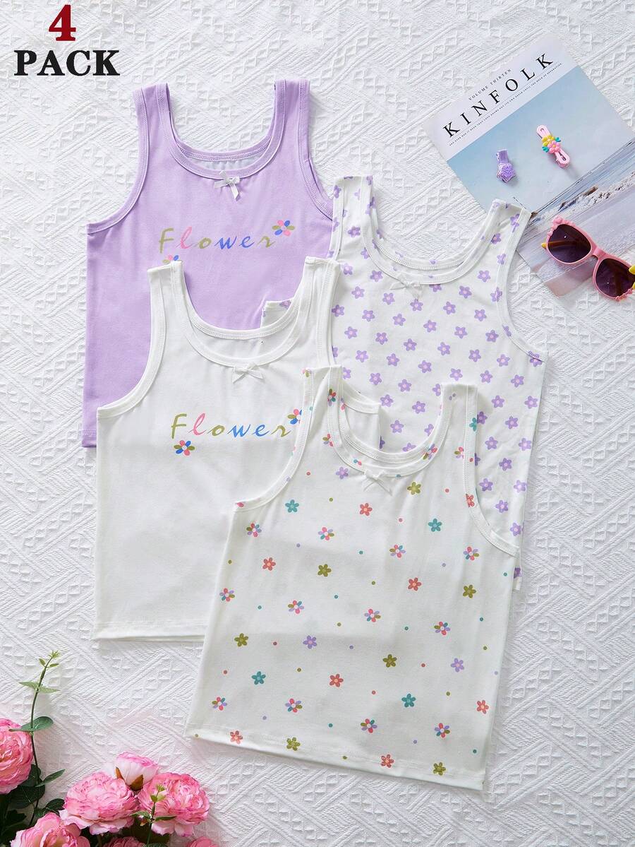 4pcs Tween Girls' Casual Bow Decor Letter Print Tank Tops - Multicolor - View 1