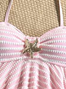 Conjunto de traje de baño de niña preadolescente con cuello de halter, textura de rayas y color rosa - Rosa - Ver 5