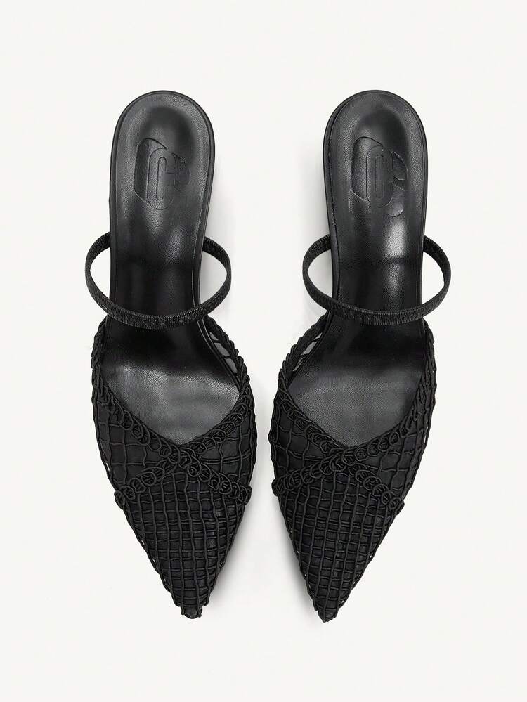 CUCCOO CHICEST Fashion Pointed Stiletto Black Hollow Mesh Elastic Band Women's High-Heeled Shoes Mule Shoes Spring And Summer Daily Versatile Commuting Elegant Dating Outside Wear Temperament Closed Toe Women's Shoes High-Heeled Slippers