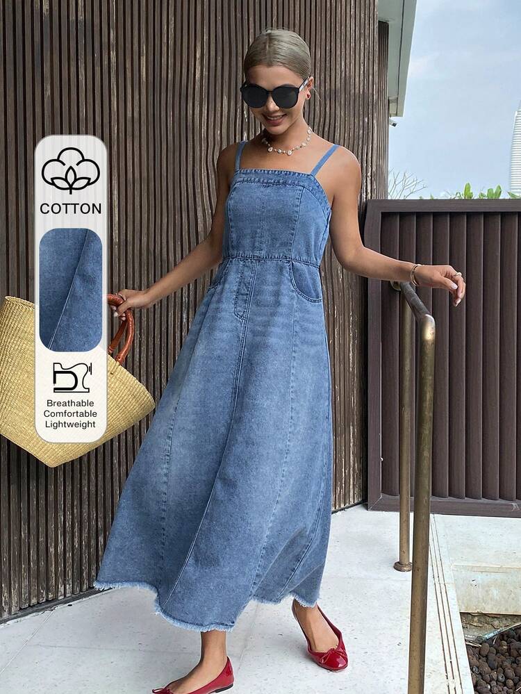 Women's Casual Washed Pocket Strap Denim Dress, Summer