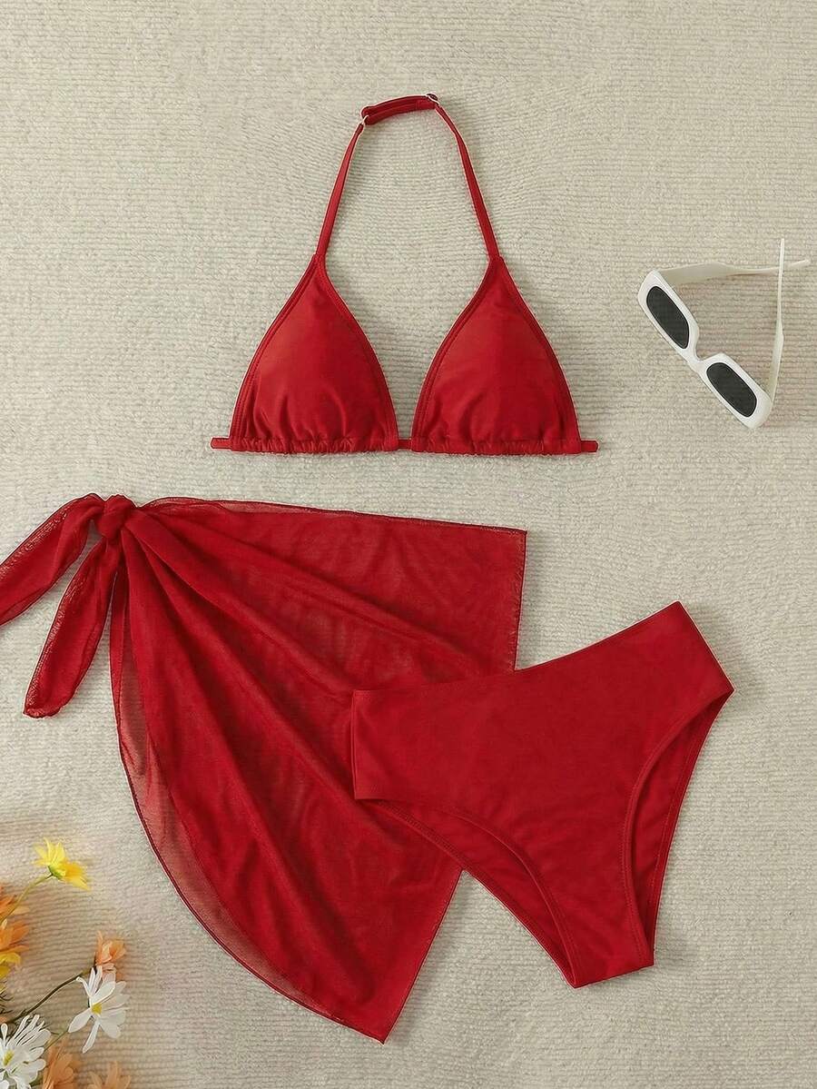 SHEIN 少女三件套泳装：碎花比基尼上衣、泳裤和系带半身裙，蓝白相间 - 紅色 - 查看 1