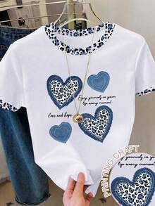 EMERY ROSE Women's T-Shirt,Leopard Print Contrast Trim Round Neck Loose Heart & Letter Pattern,Blue And White,Summer,Smart Casual,Everyday Casual Knit Top - Multicolor - View 1
