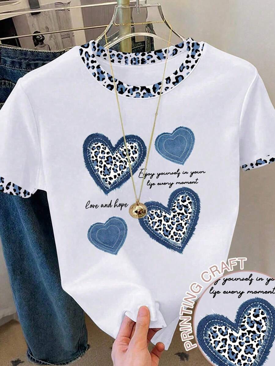 EMERY ROSE Women's T-Shirt,Leopard Print Contrast Trim Round Neck Loose Heart & Letter Pattern,Blue And White,Summer,Smart Casual,Everyday Casual Knit Top - Multicolor - View 1