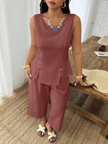 SHEIN LUNE Plus Size Women's Button Decor Split Hem Capri Pants & Casual Vacation 2-Piece Set, Spring/Summer - Rust Brown - View 4