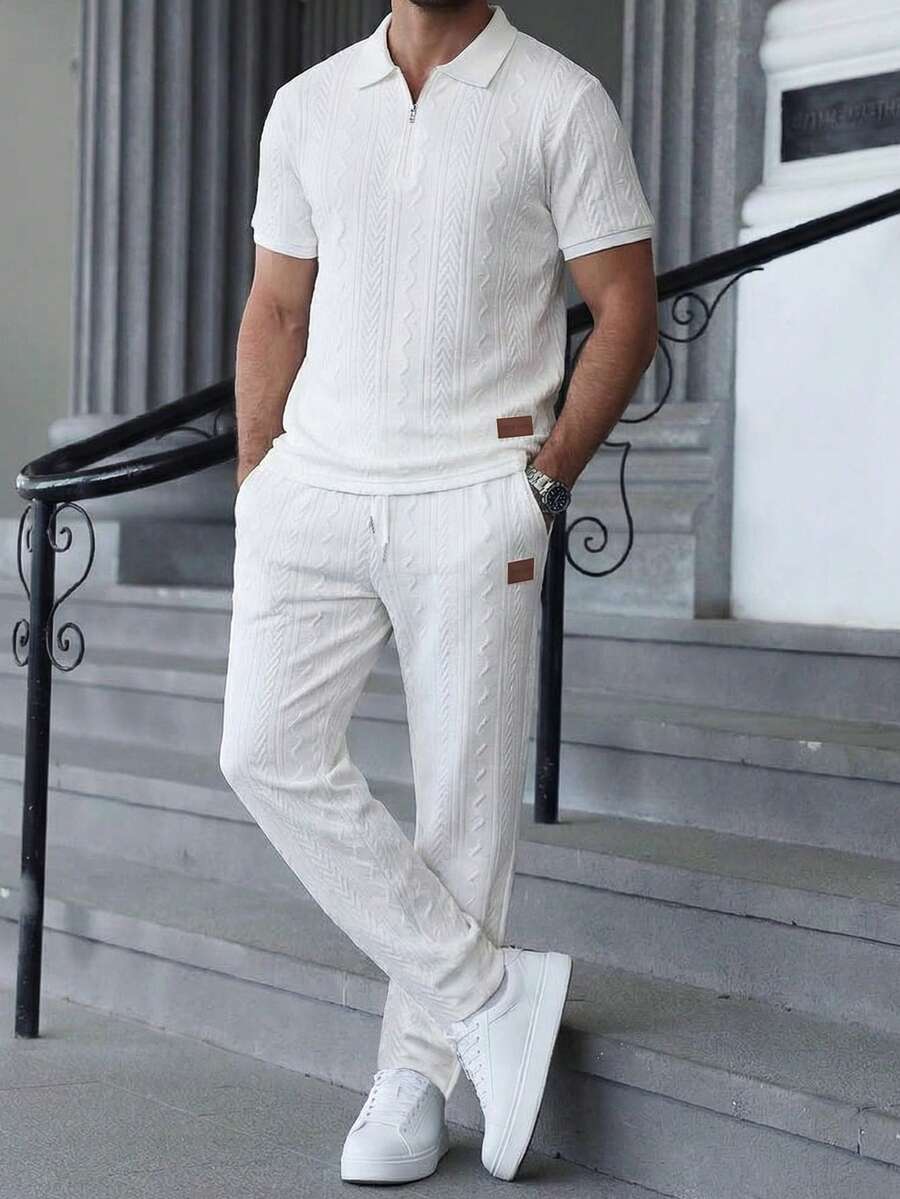 Manfinity CasualCool Men's Short Sleeve Textured Fabric Polo Shirt And Pants Set, Suitable For Home And Outdoor Wear - White - View 1
