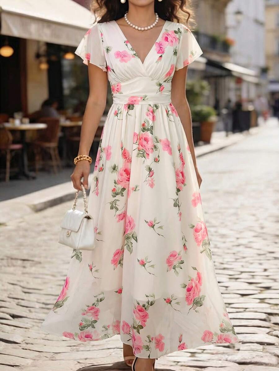 EMERY ROSE 优雅浪漫扎染印花V领收腰法式高端度假通勤连衣裙，女士 - 彩色 - 查看 1