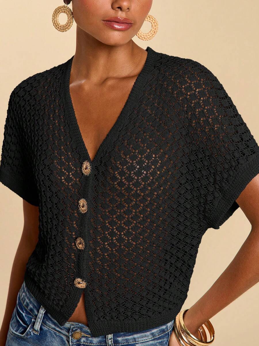 Travachic Women's Fashion Versatile Vacation Crochet Metallic Button Decor Knit Top - Black - View 1