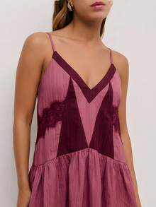 Brown Slip Dress With Contrasting Panels, Lace Accents, And A Flared Hem With Adjustable Straps On Back. Event, Festival, Spring, Summer, Woman. - Multicolor - View 3
