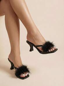 Sirith Sandalias de tacón alto de peluche de moda para mujer, zapatos casuales negros para mujer - Negro - Ver 8