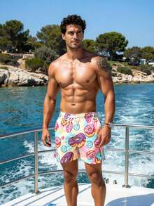 Manfinity Swimmode Quần short đi biển cỡ lớn dành cho nam, in hình bánh donut, có dây rút ở eo và túi. - Hồng - Xem 5