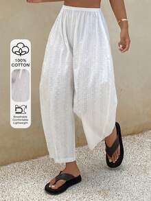 Livesso Quần pajama ống rộng màu trơn có dây rút ở eo dành cho nữ - trắng - Xem 1