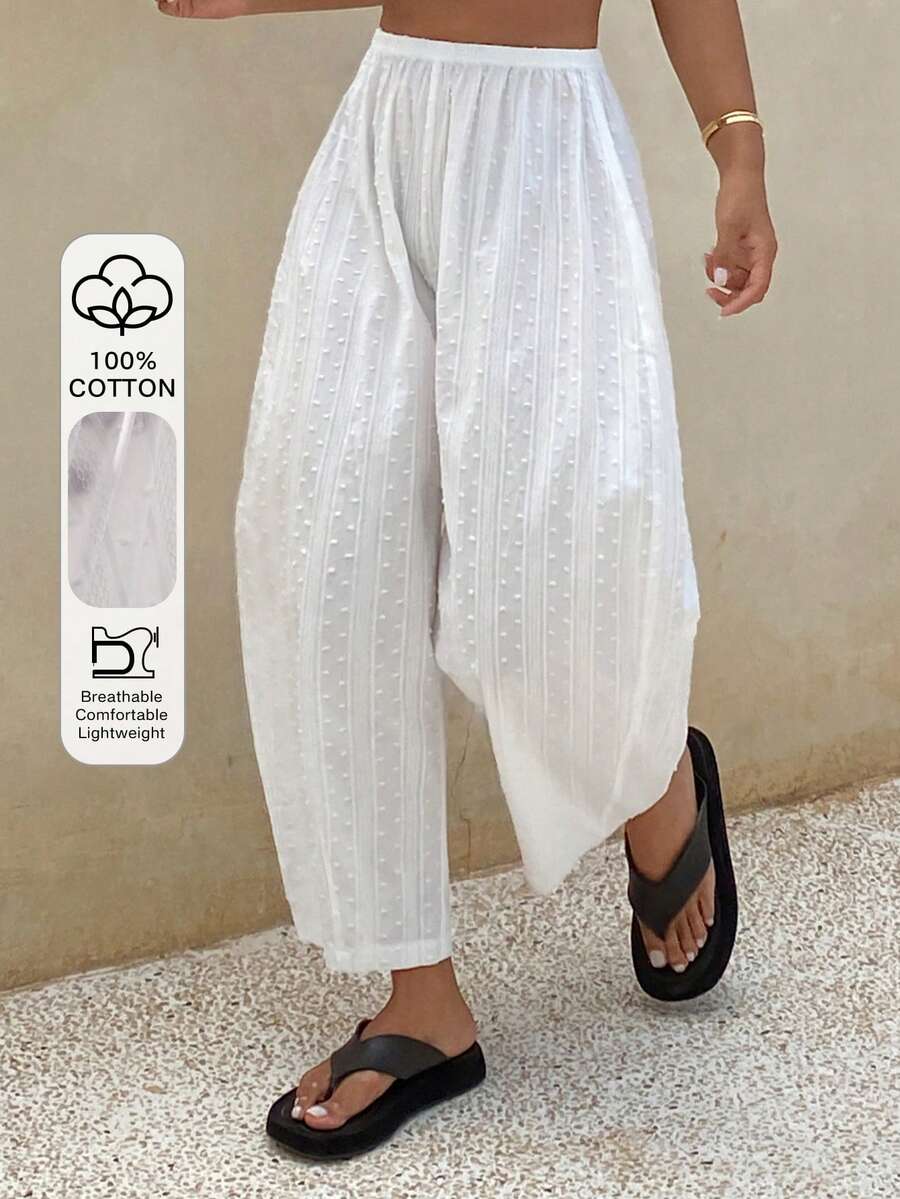 Livesso Quần pajama ống rộng màu trơn có dây rút ở eo dành cho nữ - trắng - Xem 1