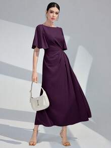 Modelyn Women Solid Color Round Neck Ruffle Short Sleeve Dress Long Evening Dresses,Fall Dresses For Women - Purple - View 7