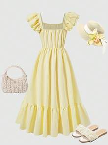 SHEIN Đầm ngắn tay bèo nhún dáng casual cho thiếu nữ, màu vàng, trang phục đi nghỉ mát, đầm thanh lịch, trang phục mùa xuân/hè, đầm hoa, đầm đi biển. - Màu vàng - Xem 2