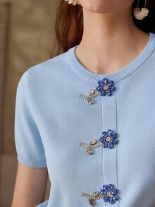 MOTF PREMIUM DELICATE COMMUTING & DATING KNIT TOP WITH 3D FLORAL RHINESTONE DECOR, WAIST CINCHING, CROPPED FIT, ROUND NECK SHORT SLEEVE, LIGHT BLUE, SUITABLE FOR SPRING/SUMMER - Baby Blue - View 3