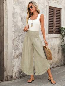 EMERY ROSE Women's Casual Boho Vacation High Waist Ruffle Hem Loose Wide Leg Pants, Suitable For Spring, Summer And Autumn Gaucho Women Beach Sage Green - Khaki - View 3