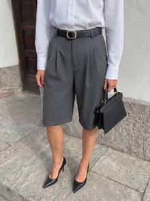 SHEIN ICON Bộ quần đùi Bermuda màu xám đơn giản mùa xuân dành cho nữ, thích hợp cho việc đi làm hàng ngày. - Xám - Xem 8