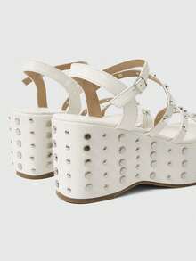 Grunge Punk Ladies, Spike Buckles, Lame-Heeled Platform Sandals. - White - View 4