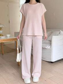 SHEIN 少女T恤套装，纯色针织拼接缎带饰边落肩短袖T恤和裤子两件套，适合度假、外出、通勤、上学、聚会等场合。春夏款 - 杏色 - 查看 3