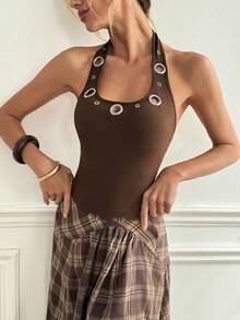 SHEIN Damen sexy Straßen-Metalring-Dekor ärmelloses figurbetontes gestricktes Camisole Top, modisch vielseitig schlanke Passform Unterhemd für Musikfestivals, tiefes Kaffeebraun - Kaffeebraun - Übersicht 4