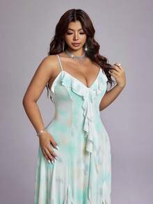 Viva Relle Plus Size Women's Mint Green Tie Dye Ruffle V-Neck Spaghetti Strap Dress, Ethereal & Gentle For Spring/Summer Vacation & Date,Rufle Dress,Elegant Dresses For Ladies - Mint Green - View 7