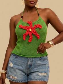 Travachic Green Summer Boho Vacation Holiday Plus Size Women's 3D Floral Crochet Halter Top,Hollow-Out Knit Camisole,Beach Island Fashionable Sweater - Green - View 8