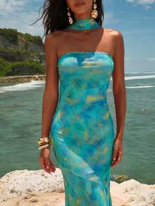 Opulessa Knitted Mesh Printed Fitted Dress For Women - Multicolor - View 4