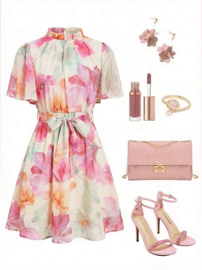 Ellevyn 女士优雅印花系带短连衣裙，夏季