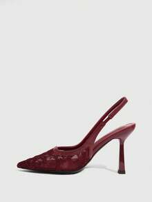 CUCCOO SZL Women's Fashion Lace Backstrap Pointed Toe Stiletto High Heel Shoes, Suitable For Commute, Date, Party, Holiday, Wedding For Christmas - Burgundy - View 4