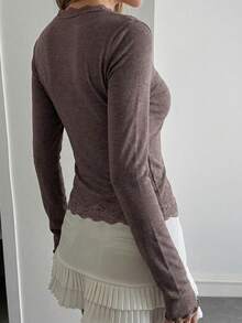 DAZY Áo khoác cardigan ôm dáng viền ren bèo nhún dành cho nữ - màu nâu - Xem 2