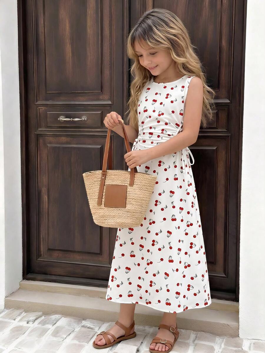 SHEIN 少女优雅樱桃印花荷叶边派对连衣裙 - 白色 - 查看 1