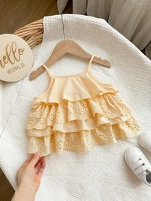 Baby Girl Cute Sweet Vacation Style Multi-Layer Ruffle Schiffy Camisole Top, Summer - Mustard Yellow - View 3