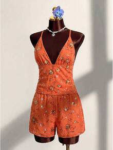 Ellevyn Women's Burnt Orange Boho Summer V-Neck Halter Top,Luxurious Beaded Floral Sequin Vacation Holiday Outfit,Brunch Day Party Zante Zoo Zoey Outfits - Burnt Orange - View 4