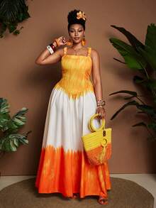 大码女士渐变色优雅吊带褶皱腰A字连衣裙，适合海滩度假、海滩派对、旅行摄影，清新度假风时尚 - 彩色 - 查看 5