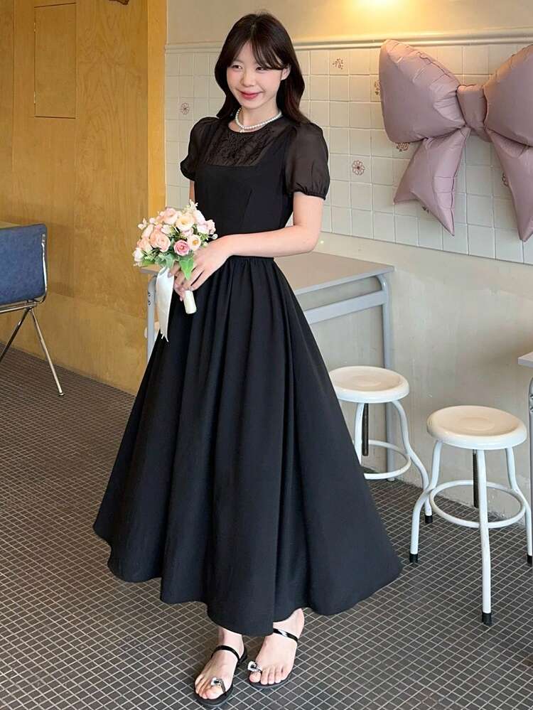 Women's Round Neck Korean Style Patchwork Short Sleeve Dress